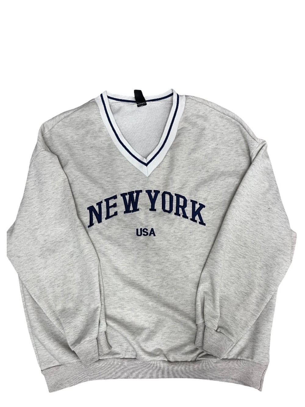 SHEIN Gray V-Neck Sweatshirt with Navy 'NEW YORK USA' Print